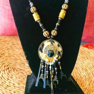 HANDMADE VINTAGE PENDANT STATEMENT NECKLACE Onyx/LEOPARD STONE VINTAGE BRASS